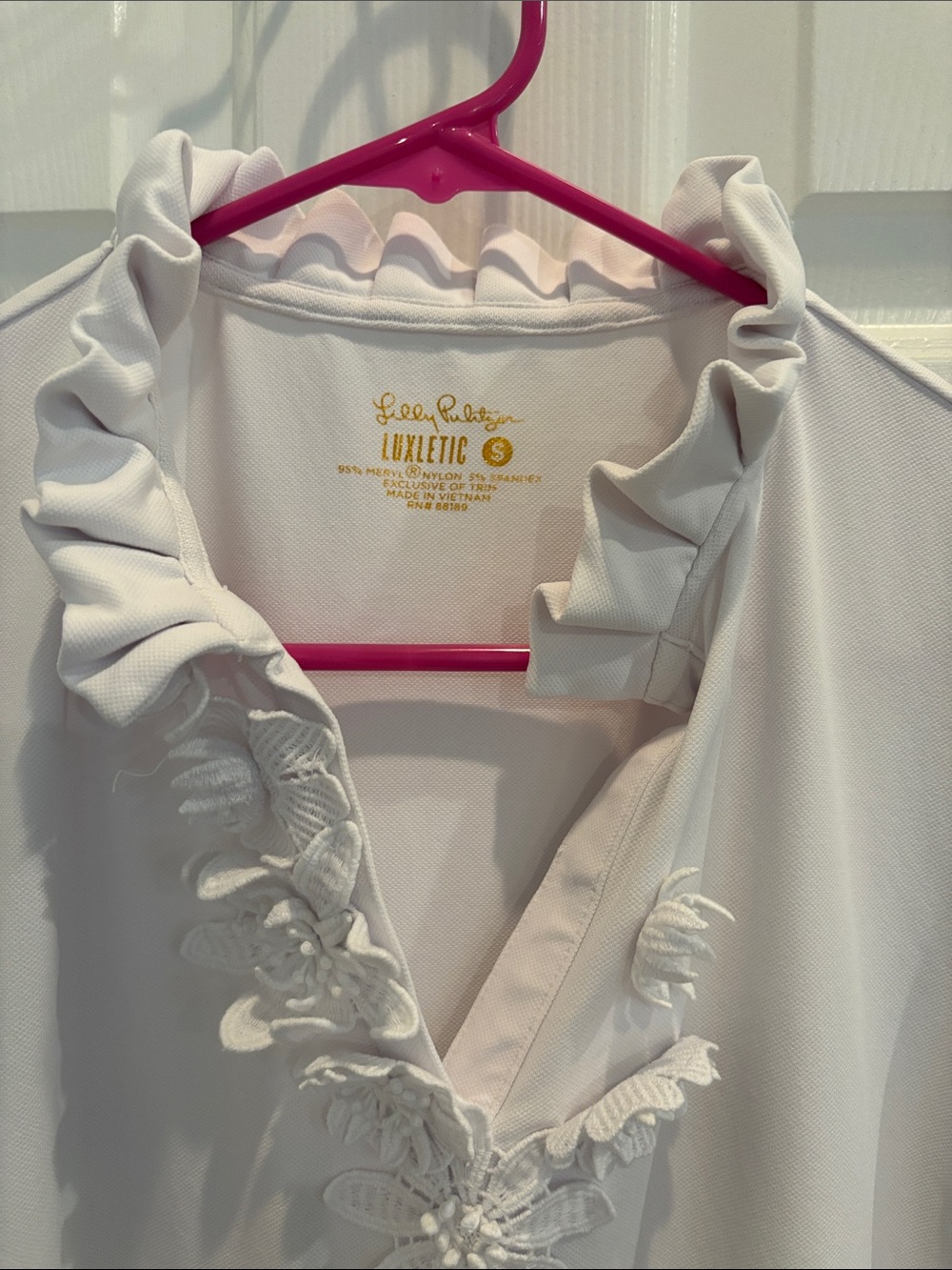 Lilly Pulitzer White Short-Sleeve Ruffle V-Neck Top with Floral Appliqué - Picture 2 of 4